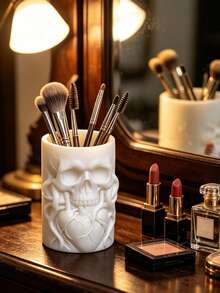 Skull Heart Embossed Makeup Brush Bucket Multifunctional Desktop Cosmetic Box Halloween Christmas Decor Vanity Rack Pen Holder Dual Use Dark Resin Beauty Organizer Gift - Multicolor - View 2