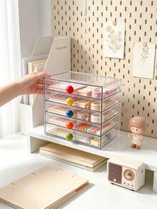 1pc Creative Colorful Contrast Ball Pull Handle Multi-Layer Transparent Stationery Storage Box, Large Capacity Layered Visible Drawer Design, Stationery Storage Essential For Journaling Enthusiasts, Student Desk Organizer Box, Office Small Item Dust-Proof Storage Box - Multicolor - View 1