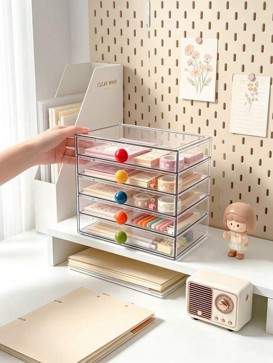 1pc Creative Colorful Contrast Ball Pull Handle Multi-Layer Transparent Stationery Storage Box, Large Capacity Layered Visible Drawer Design, Stationery Storage Essential For Journaling Enthusiasts, Student Desk Organizer Box, Office Small Item Dust-Proof Storage Box - Multicolor - View 1
