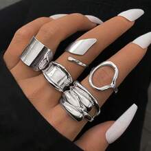9pcs Random Set Men's Women's Unisex Personalized Hollow Asymmetrical Asymmetric Stackable Rings, Material, Suitable For Daily Wear, Gatherings, Music Festivals Or Parties (No Box) - Silver - View 3