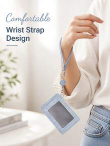 Business Casual Blue Denim Texture Transparent Window ID Badge Holder With Wrist Strap, Portable PU Leather Card Holder, Women's Style - Multicolor - View 9