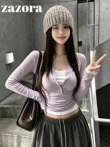 韓系秋季新款修身性感半鈕扣 2 合 1 修身百搭長袖女款休閒 T-shirt 上衣 - 淺紫拼白 - 查看 1