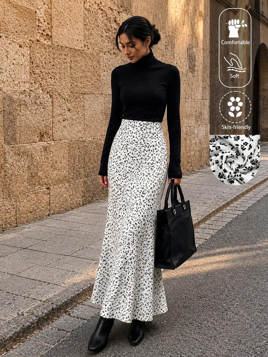 EARO 女款春夏碎花高腰 A 字飄逸雪紡長裙,休閒戶外白色度假風 - 白色 - 查看 1