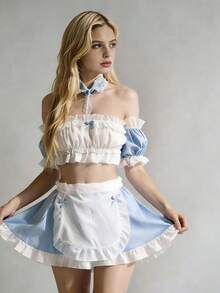 New Cosplay Maid Uniform Set, Bandeau Lace Bell Choker Outfit, Sweet Kawaii Role Play Costume - Baby Blue - View 4