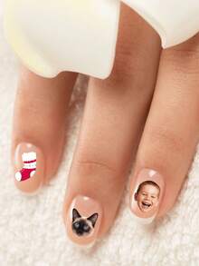 Custom Christmas Nail Stickers,Personalized Photo Face Image Nail Decals,Christmas Stocking Snowman Gingerbread Man Bell Candy Cane Star Bow Design,Nail Art Decorations For Holiday Party Manicure,Multiple Pcs DIY Nail Accessories - Multicolor - View 7