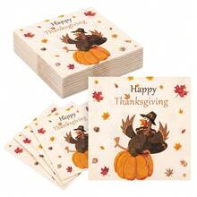 20/40/60pcs Thanksgiving Disposable Paper Napkins, 2-Ply Cartoon Turkey Pumpkin Maple Leaf Print Party Napkins, Suitable For Friendsgiving Party, Autumn Harvest Celebration, Baby Shower, Bridal Shower, 6.5*6.5 Inches - Multicolor - View 1