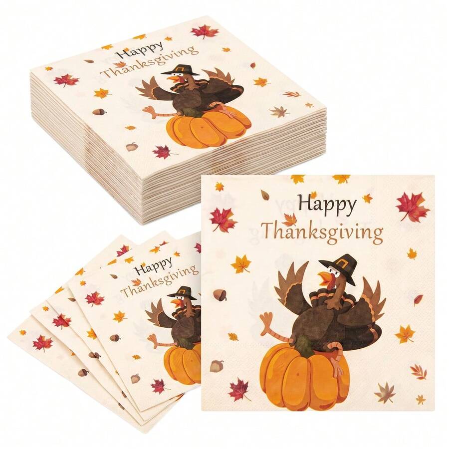 20/40/60pcs Thanksgiving Disposable Paper Napkins, 2-Ply Cartoon Turkey Pumpkin Maple Leaf Print Party Napkins, Suitable For Friendsgiving Party, Autumn Harvest Celebration, Baby Shower, Bridal Shower, 6.5*6.5 Inches - Multicolor - View 1