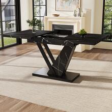 Dining Table Telescopic Table (120-160*75cm), Extendable Table, Extendable To 120-160cm With Aid Of Internal Insert Panels, Kitchen And Living Room, Dining Table With Black Marble Pattern - Black + MDF - View 1