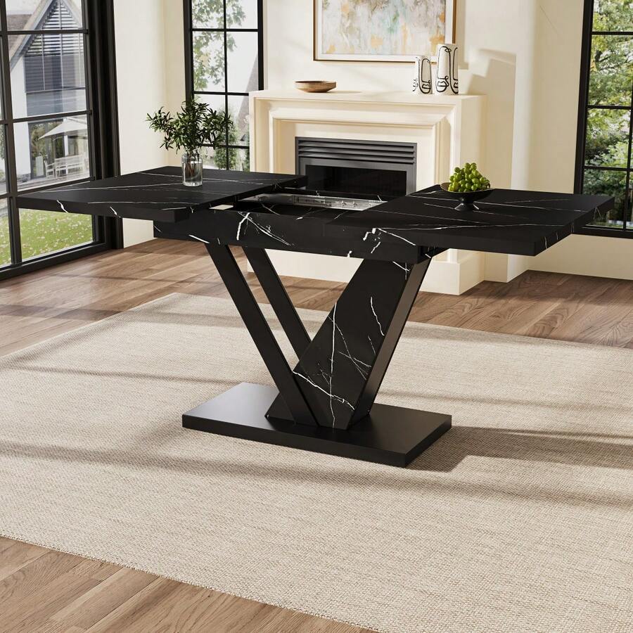 Dining Table Telescopic Table (120-160*75cm), Extendable Table, Extendable To 120-160cm With Aid Of Internal Insert Panels, Kitchen And Living Room, Dining Table With Black Marble Pattern - Black + MDF - View 1