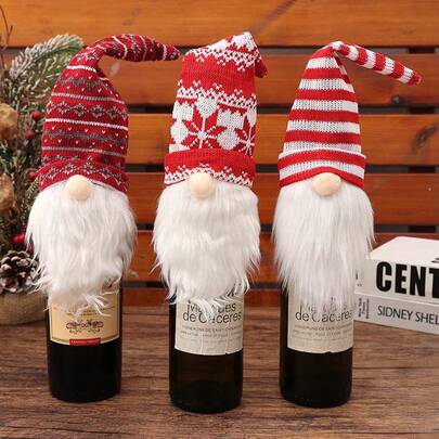 3pcs Christmas Knitted Wine Bottle Covers, Cartoon Character Wine Bottle Decor, Home Dining Table Decoration, Party Favors, Christmas Home Decor