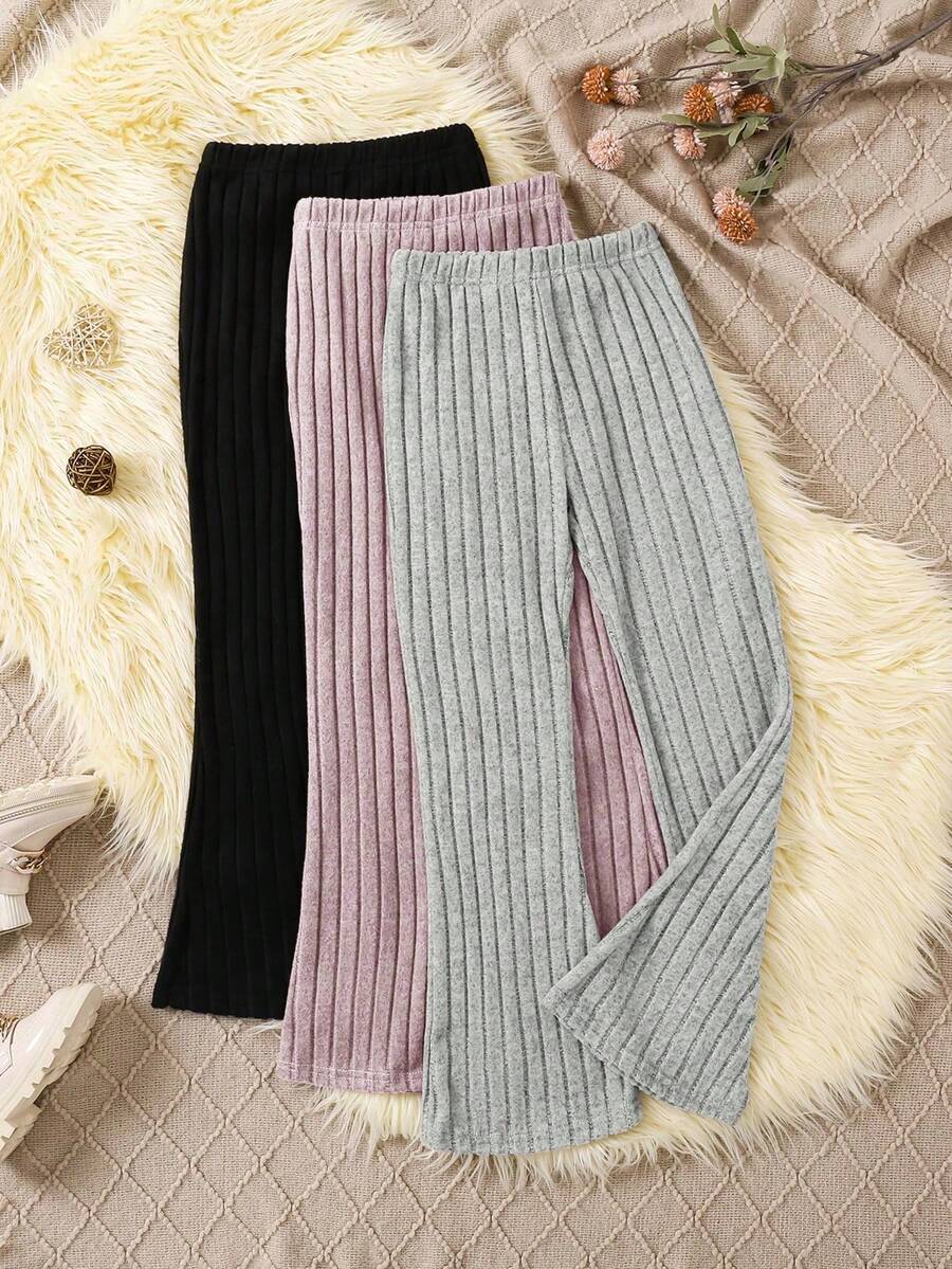 3pcs/Set Tween Girl Solid Color Tight Flared Pants, Autumn/Winter - Multicolor - View 1