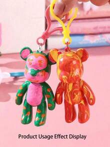 1 Set Random Color Fluid Painting Bear Keychain DIY Graffiti Painting Material Kit, Includes Paint, Small Spoon, White Bear Blank, Paintbrush, Keychain And Storage Box, Total 6 Pieces. Creative Handmade Bear Doll, Suitable For Back To School Season, Student Stationery, Halloween, Christmas Surprise Gift, Party Activity Gift, Holiday Activity Prop, Parent-Child Activity Prop - Multicolor - View 9