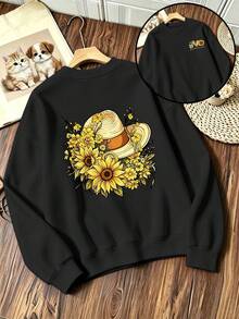 Plus-Size Women's Fashion Sweatshirt, Suitable For Everyday Commuting, Featuring A Sunflower And Hat Graphic Print, Perfect For Winter Casual Wear. - Black - View 4