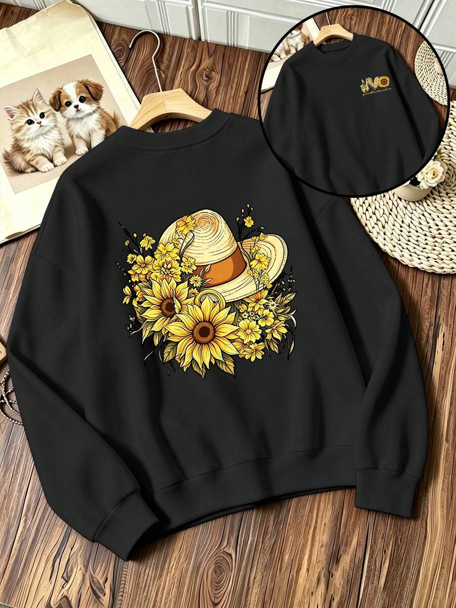 Plus-Size Women's Fashion Sweatshirt, Suitable For Everyday Commuting, Featuring A Sunflower And Hat Graphic Print, Perfect For Winter Casual Wear. - Black - View 1