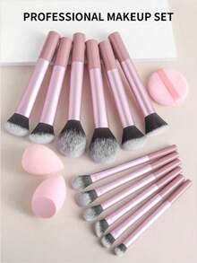 Multifunctional Makeup Brush Set, Includes Powder Brush, Blush Brush, Foundation Brush, Eyeshadow Brush, Blending Brush, Contour Brush, And Random 2 Pieces Of Slanted Edge Makeup Sponge, Round Head Makeup Sponge And White Powder Puff - Pink - View 3