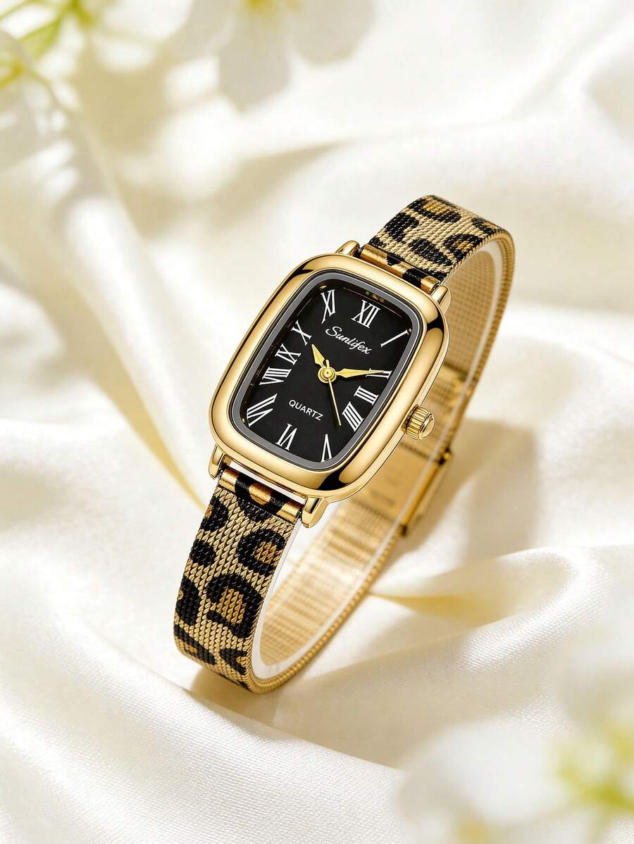 1pc Women's Rectangular Vintage Elegant Quartz Watch, Gold Alloy Case, Black/Red Roman Numeral Dial, Fashion Leopard Print Metal Mesh Strap - Black - View 1
