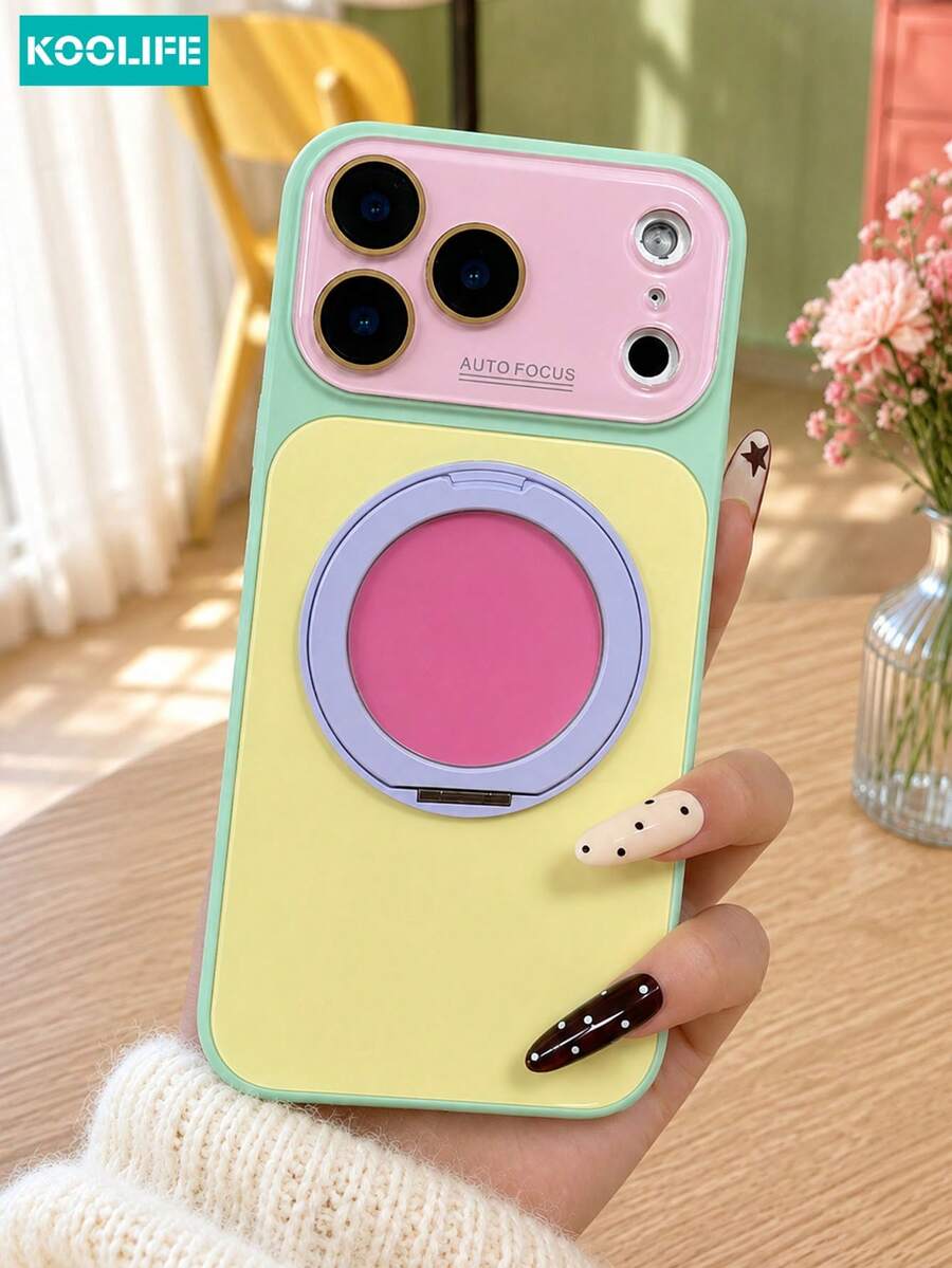 Koolife Yellow-Green Matcha Color Block Phone Case, Y2K Ins Style, Cute Niche Design, TPU+PC Magnetic 360° Rotating Ring Stand Shockproof Phone Case, Compatible With IPhone 18 Pro Max, 18 Pro, 17, 17 Pro, 17 Pro Max, 16 Pro, 16 Pro Max, 15 Pro Max, 15, 15 Pro, 16 - Matcha Green - View 1