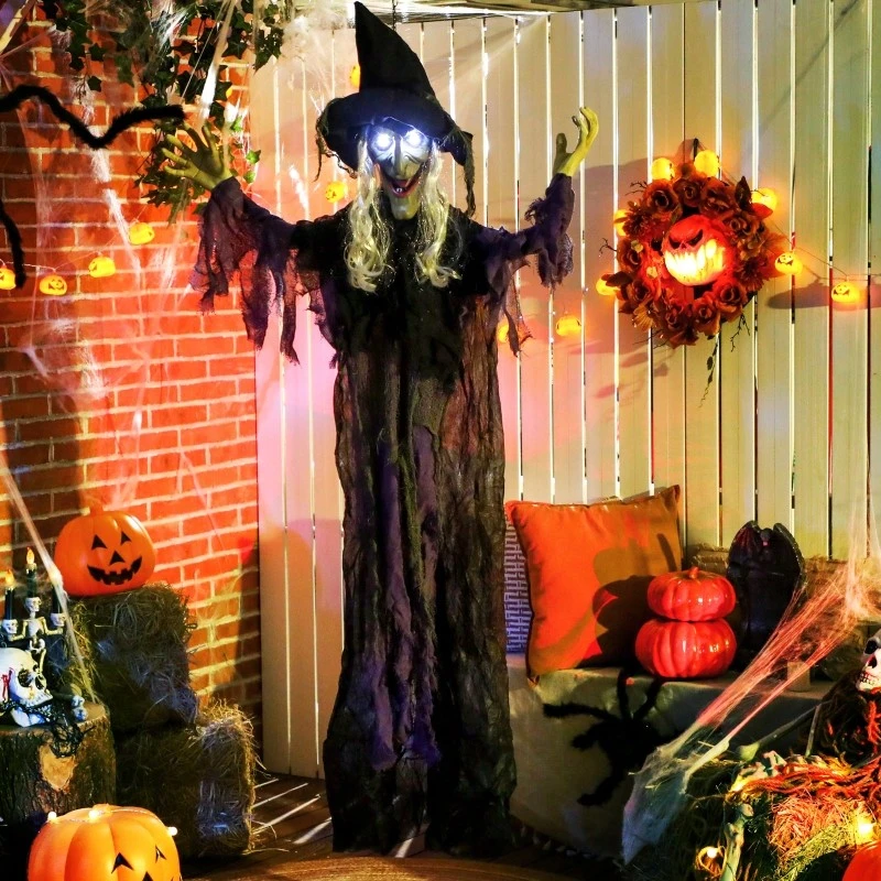 183 Cm Life-Size Halloween Witch Hanging Decoration, With Glowing LED Eyes, Spooky Halloween Decor, Indoor Party Accessory, Battery-Powered. - View 1