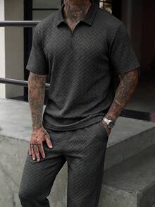 Pure Black Wheat Ear Jacquard Knit Polo Shirt With Half-Zip Collar And Drawstring Straight Leg Pants, Men's Casual 2 Pieces Set - Black - View 5