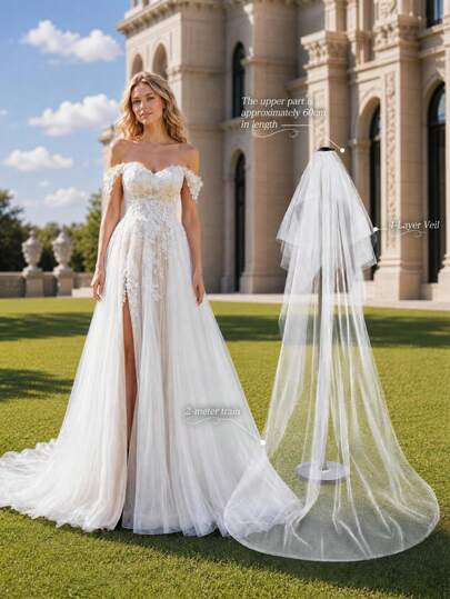 Summer Elegant Drop Shoulder Slit Lace Embroidered Long Wedding Dress With Cathedral Veil Bridal Long Veil