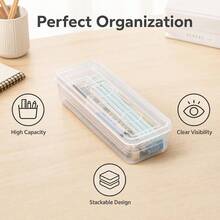 3 Small Clear Plastic Storage Boxes With Lids, Desk Organizer Pen Holder, Stackable Plastic Storage Containers, Suitable For Teachers, Craft Enthusiasts, School Office Desk Supplies Storage, Back To School Essentials - Transparent - View 3