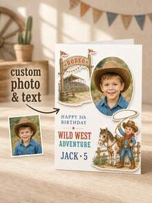 Custom Photo And Name Western Cowboy Birthday Greeting Card, Personalized Age Card With Raised Paper Layers, 3D Western Birthday Card, Cowboy Theme Keepsake, Birthday Greeting For Kids, Children, Sons, Daughters, Family And Western Party Celebrations - Multicolor - View 1