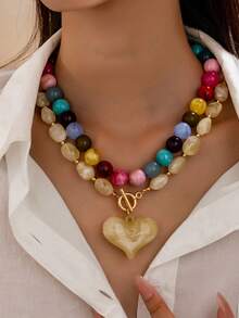1/2pcs Colorful Chunky Acrylic Bead Necklace, Red Heart Pendant T-Bar Choker, Y2K Style Bead Chain Jewelry, Suitable For Party And Daily Wear - Multicolor - View 4