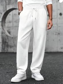 White Waffle Knit Wide Leg Sweatpants For Men, Textured Metal Drawstring Straight Leg Casual Long Pants - White - View 2