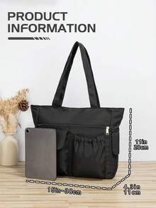 Women's Fashion Versatile Solid Color Nylon Tote Bag, Large Capacity Multi-Pocket Handbag, Suitable For School, Commuting And Daily Use - Black - View 10