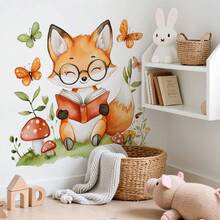 1pc 2D Cute Fox Wall Sticker Watercolor Reading Forest Mushroom Self-Adhesive Wall Decal - Multicolor - View 3