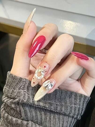 30pcs Pink Blue Nude Press On Nails Almond Long Shape Silver Bow Rhinestone Dot Decor Fake Nails Y2K Punk Reusable ,1 Jelly Glue And 1 Nail File, Suitable For Women/Girls In Daily Wear Party, Back To School,Autumn,False Nails, Decoration