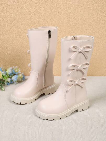 1 Pair Beige Bow Decor Mid-Calf Classic Boots, Soft Sole, Anti-Slip, Portable Side Zipper, Princess Style Boots, Suitable For Daily Casual, Ice Skating, Skiing, Warmth, Hiking, Autumn/Winter New 2026