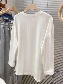 Personalized Fish Pattern & Western Slogan Print White Long Sleeve T-Shirt, Loose Fit, Flattering, Spring/Autumn Inner Layer, Base Layer - White - View 3
