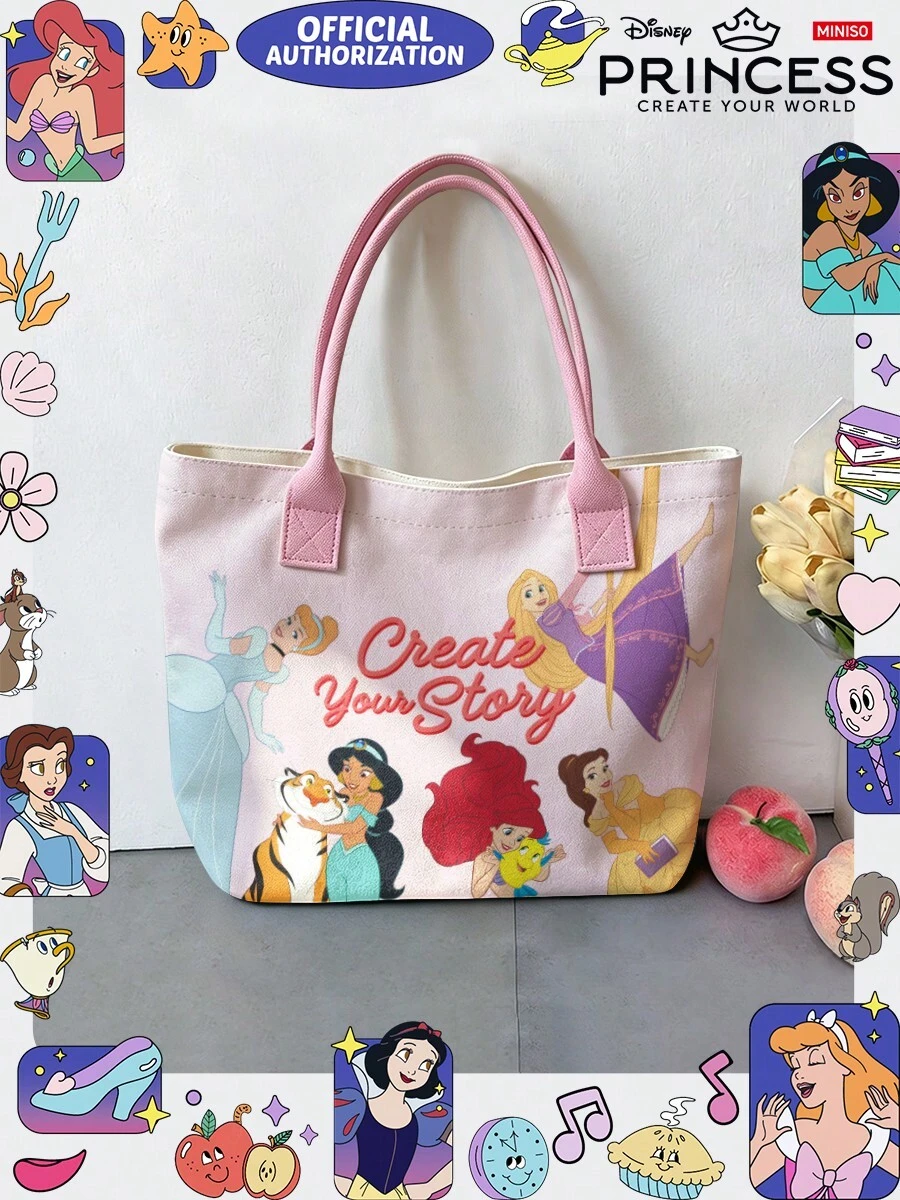 Miniso Disney Princess Canvas Tote Bag With Light Pink Multi-Princess & "Create Your Story" Print Shoulder Bag With Handles For Daily Use - Pink - View 1