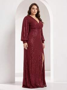YISIKADO Sequin V-Neck Long Sleeve Ball Gown Evening Dress With High Slit Mermaid Tail - Burgundy - View 3