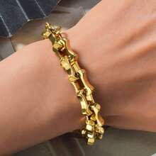 Men Thick Hip-Hop Style 18K Gold-Plated Smooth Bamboo Bracelet, Personalized Street Accessory Jewelry, Suitable For Daily Party Wear - Gold - View 3