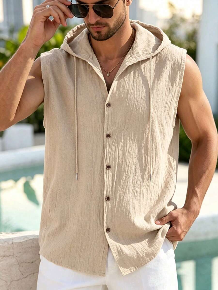 1pc Men's Linen Blend Sleeveless Hooded Vest, Button Down Drawstring Hood Tank Top, Casual Lightweight Beach Vacation Summer Sleeveless Shirt For Men - Khaki - View 1