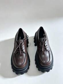7.5cm Super High Heel Platform Loafers, British Style, New Spring 2026, Brown Chunky Heel Platform Mary Jane Loafers, Commuting, JK Style, Versatile Lace-Up Shoes - Brown - View 3