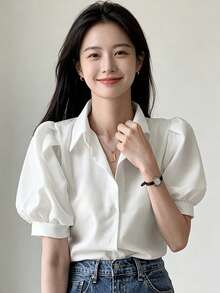 YCYC Korean Style Summer Design Fresh Versatile Minimalist Elegant Collar Petal Sleeve Blouse Women Top - White - View 4