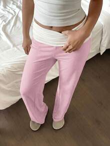 SCARLUX Summer & Autumn Y2K Women's Solid Pink Flare Pants, Folded Low Waist Casual Long Pants, Suitable For Back To School Streetwear - Pink - View 6