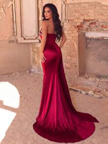 Elegant Rhinestone Chain Decor Slit Mermaid Hem Evening Gown - Burgundy - View 3