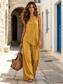 HUTENER Women's Summer Minimalist Set, Solid Color Casual, Draped Wide-Leg Pants Design, Asymmetric Hem Sleeveless Top 2-Piece Set, Suitable For Leisure And Commuting Elegant - Yellow - View 2
