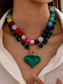 1/2pcs Colorful Chunky Acrylic Bead Necklace, Red Heart Pendant T-Bar Choker, Y2K Style Bead Chain Jewelry, Suitable For Party And Daily Wear - Multicolor - View 3