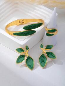 4pcs Fashion Minimalist Elegant Golden Floral & Geometric Waterdrop Shape Bracelet, Ring, Earrings - Yellow Gold - View 17