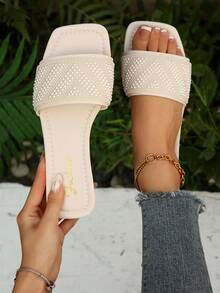 Women's Flat Sandals, Square Toe One-Strap Slides, Solid Color Fashion PU Leather Pearl Decor, Indoor Summer Wear - White - View 1