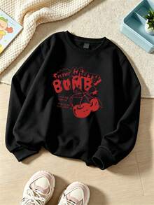 1pc Girls' Long-Sleeve Pullover Round-Neck Sweatshirt With American-Style Line Cherry Print - Black, Everyday Wear For Girls - Festive Gift - Black - View 1