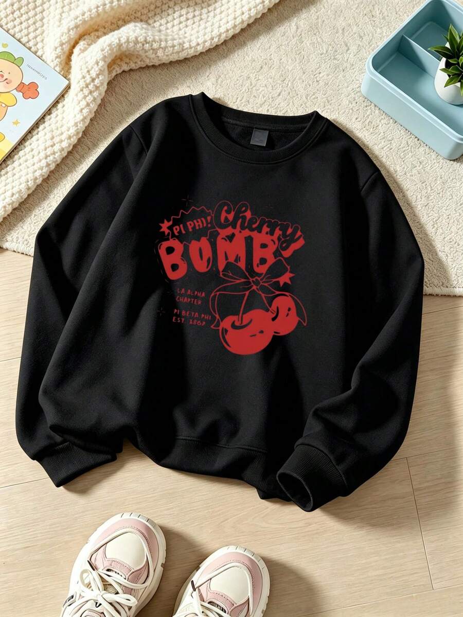 1pc Girls' Long-Sleeve Pullover Round-Neck Sweatshirt With American-Style Line Cherry Print - Black, Everyday Wear For Girls - Festive Gift - Black - View 1