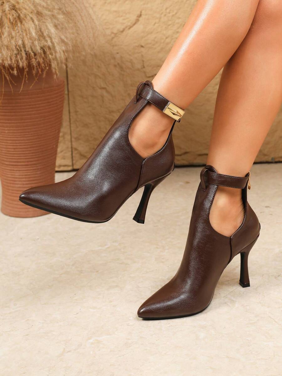 Fall/Winter 2025 Fashionable Metallic Decor Pointed Toe Ankle Boots, 9.5cm High Heel, Casual Versatile Side Zipper, Coffee Color,Match With Black Dress
