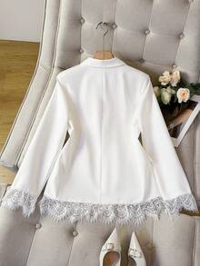 Women's Fashion Mid-Length Lace Patchwork Blazer - White - View 2