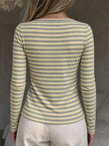 Girls' Yellow & Gray Striped V-Neck 2 In 1 Long Sleeve T-Shirt, Lace Patchwork Half-Button Fitted Cropped Stretch Base Layer - Yellow - View 3